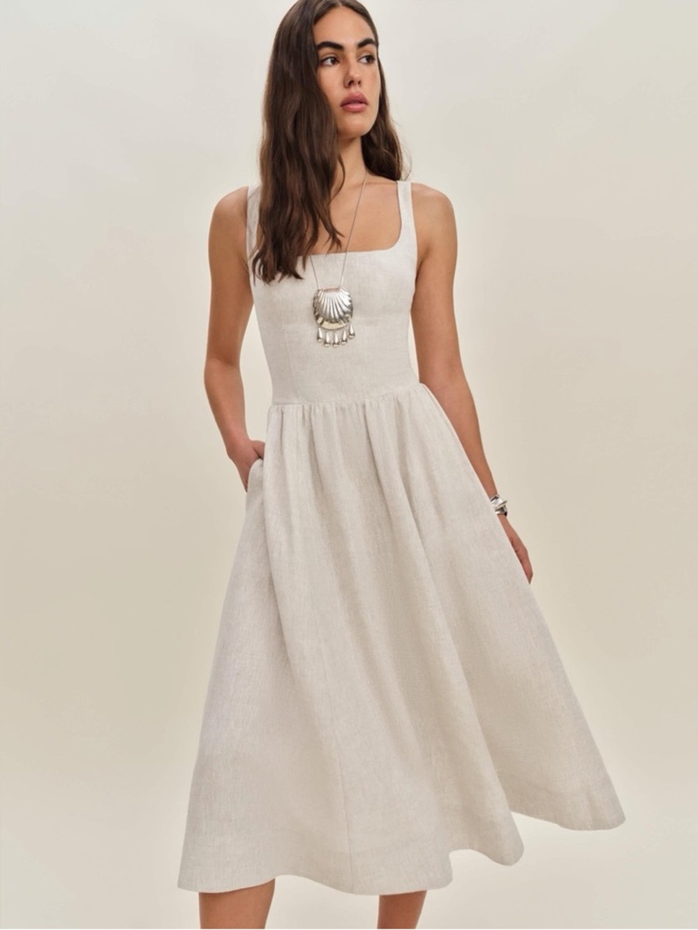Reformation Janu Square Neck Midi dress in Oatmeal